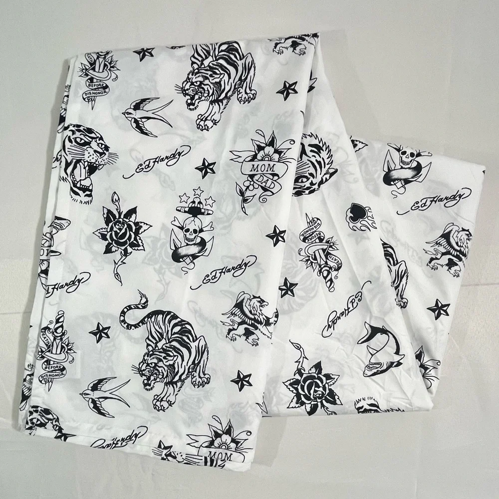Ed Hardy Tattoo Design Microfiber Flat Sheet 80”x96” Full/Double Black White